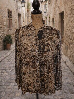 Chico's Vtg Brown Cream Greek Statue 100% Silk Blouse Size 1 Medium Y2K Academia